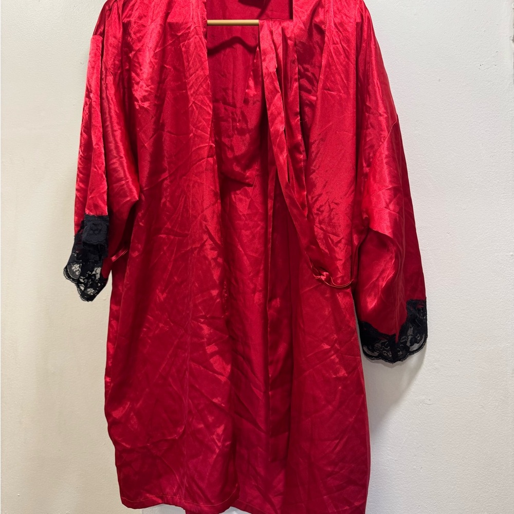 Frederick's of Hollywood Red Satin Robe with Black Lace Cuffs